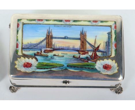 A fine Victorian enamel and silver jewellery box, Rosina Gertrude Alexander, London 1899, the lid showing Tower Bridge set in