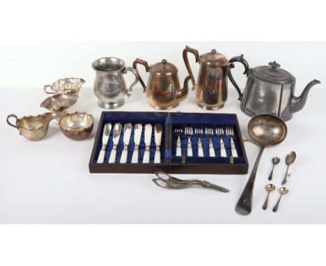 A mix of silver plated items, including a ladle, coffee pot, tea pot, cased set of six fish knife and forks with mother of pe