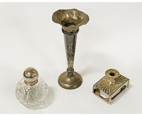 3 H/M SILVER ITEMS - MATCHBOX/CANDLESTICK HOLDER POSY VASE  AND CRYSTAL PERFUME BOTTLE