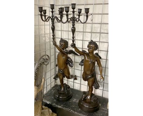 PAIR OF SPELTER CHERUB CANDLESTICK HOLDERS - 90 CMS (H)