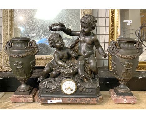 VICTORIAN CLOCK &amp; GARNITURE - JUST SERVICED, WORKING