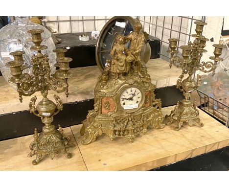 BRASS MANTLE CLOCK WITH CANDLESTICKS - 44 CMS (H)
