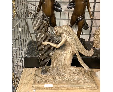 ANGEL PLAYING HARP ON WOODEN BASE - 55 CMS (H)