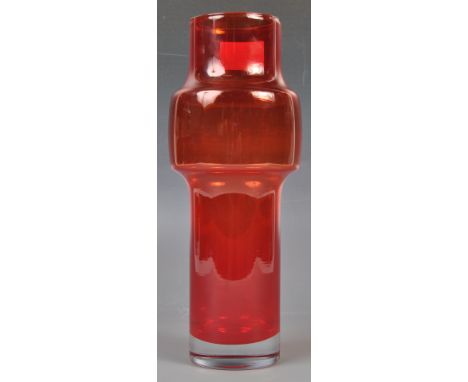 Tamara Aladin - Riihimaki glass - An original retro vintage studio art vase in a deep ruby red. The cylindrical vase having a