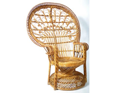 A stunning mid 20th Century Italian retro vintage wicker and cane peacock armchair / chair having a large open back with work