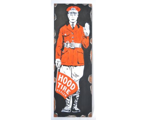 A contemporary oil on board artists impression painting of a vintage enamelled advertising sign for Hood Tires. The enamel im