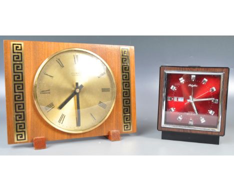 Two 20th Century retro vintage teak wood cased desk / table clocks comprising of one by Splendex Electronic example with bras