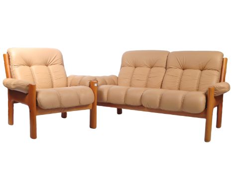 A good contemporary Danish retro style sofa suite comprising a two seater sofa settee and single armchair. Both having teak  