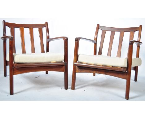 R W Toothill - Toothill Furniture - An pair of original 1960's retro vintage afromosia teak wood framed easy / lounge chair /
