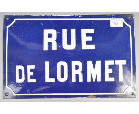 Rue De Lormet - A 20th Century vintage enamel porcelain road sign of rectangular form for 'Rue De Lormet' (Street Of Lormet).