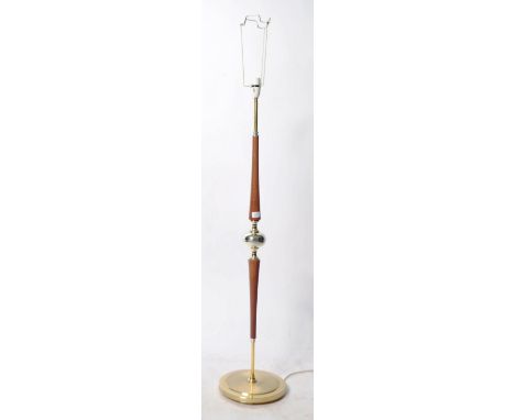 A 20th Century retro vintage teak and brass effect upright&nbsp;column lamp standard light having teak show wood decoration w