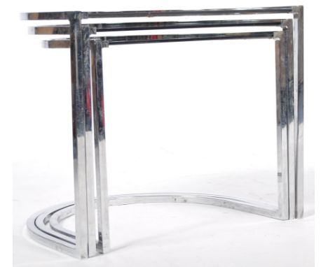A fabulous mid 20th Century retro vintage Art Deco style chrome and smokey glass top set of three nesting tables. The nest of