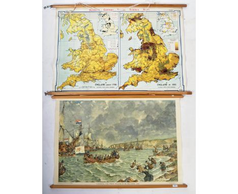 Two vintage 20th century School room / Classroom educational posters. The first being a Dutch poster showing the ' Landing Of