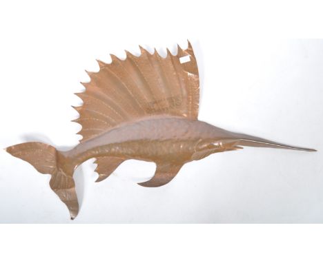 A fabulous 20th Century retro vintage hammered and moulded&nbsp;copper art wall hanging in the form of a Spearfish. The fish 