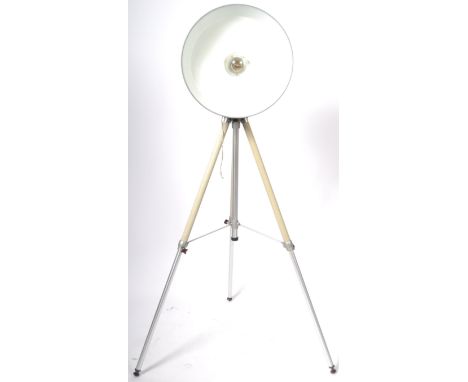 A 20th Century retro vintage photographic floodlight / lamp standard light having a brushed grey metal pendant shade. Raised 