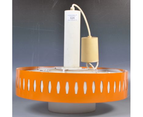An original retro vintage c1960's Italian ceiling pendant atomic ' UFO ' light. Metal construction in orange and white metal,