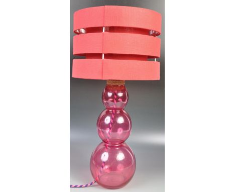 A 20th Century retro vintage style studio art glass triple gourd pink glass vase converted into a table lamp light. The lamp 