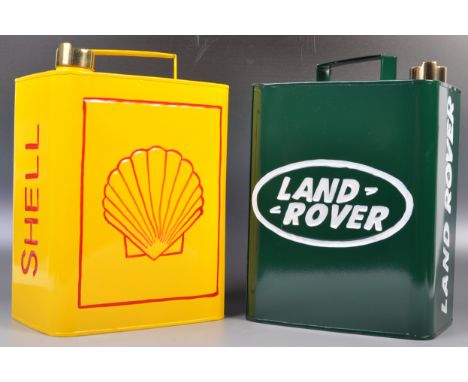 Two vintage vintage style advertising / showroom display Petrol / Oil cans. The first being Land Rover, in green, with white 