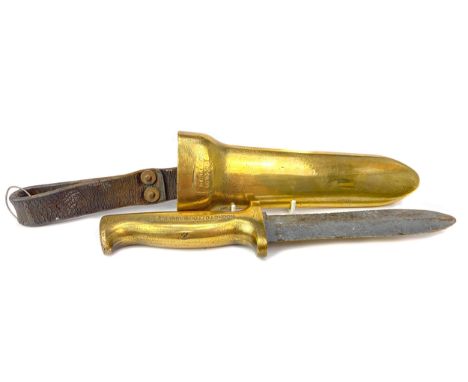 LATE19TH/EARLY 20TH CENTURY C E HEINKE &amp; CO LTD LONDON BRASS AND STEEL DIVER'S KNIFE, the brass grip impressed makers mar