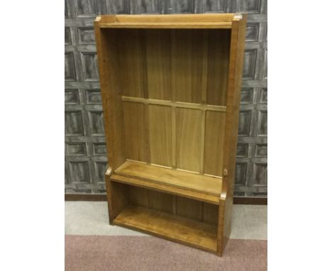 ROBERT 'MOUSEMAN' THOMPSON OAK OPEN BOOKCASE, with lofty panelled back, one fixed and four adjustable shelves above an open b