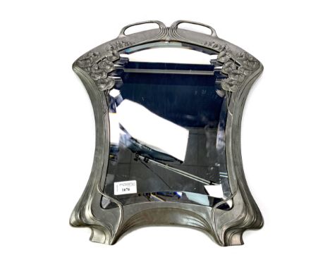 ARTS &amp; CRAFTS PEWTER FRAMED TABLE MIRROR, cast with stylised flowers, impressed Orivit mark to reverse, with easel suppor