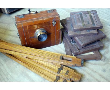 Quarter Plate Tailboard Camera, mahogany with unmarked rotary Waterhouse stop lens and other items (a lot)