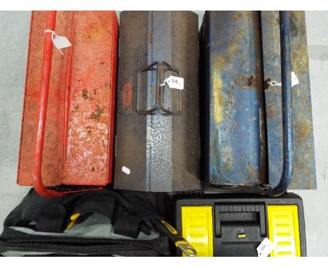 Four toolboxes, three metal, one plastic, and a tool bag containing a quantity of hand tools. [5]