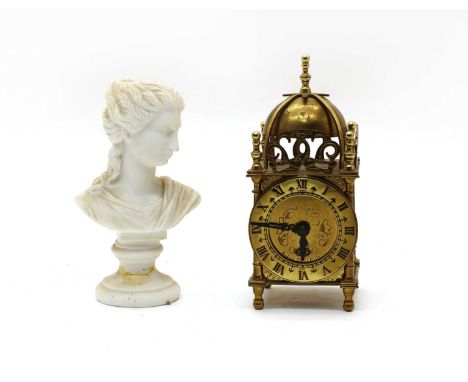 A brass lantern clock, with engraved face and Roman numerals, 18cm high, and a parian bust of classical maiden, 17cm high (2)