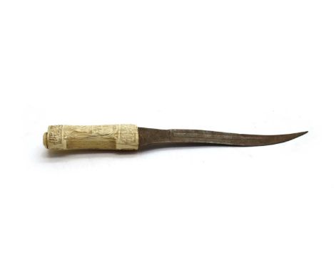 An Indian dagger (Khanjarli), 18th/19th century, with a carved ivory hilt and an engraved steel blade, 43cm longCondition rep