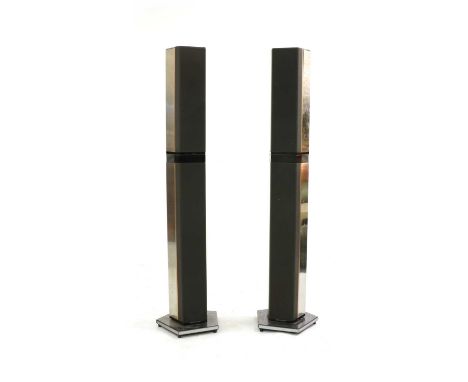 A pair of Bang &amp; Olufsen Penta floor speakers, of pentagonal shape, with polished metal chassis, textile clad speaker fro
