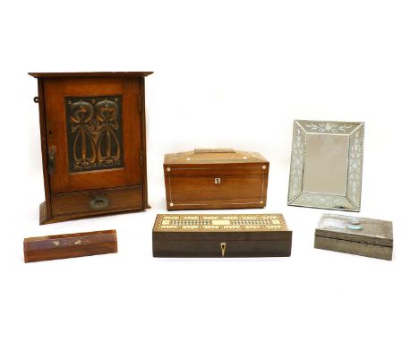 A Regency rosewood sarcophagus form tea caddy, 30cm wide, together with an inlaid hardwood cribbage board, 29.5cm wide, an Ar