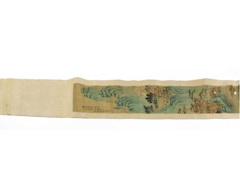 A Chinese hanging scroll, painted with figures and pavilions in a mountainous landscape with trees, rivers and waterfalls, in