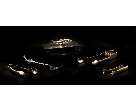 A WMF silver plated and glass sardine dish of oblong form, fitted fish handle and fork, 12.5 x 7cm, together with a pair of s