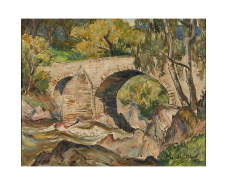 [§] JOHN MACLAUCHLAN MILNE R.S.A. (SCOTTISH 1886-1957)BRIDGE OVER THE TORRENT Signed and dated '33, oil on canvas51cm x 61cm 
