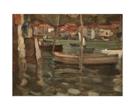 ROBERT BROUGH R.A., A.R.S.A. (SCOTTISH 1872-1905)ROWING BOATS BY A HARBOUR QUAY, CONCARNEAU Oil on panel, also painted verso 