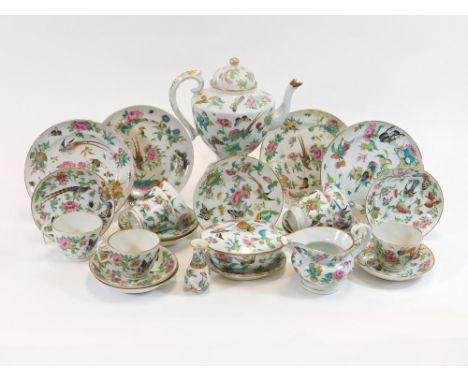 CHINESE TEA WARE. A 19th century Chinese famille rose part tea service, hand painted with insects, birds & flowers. Comprisin