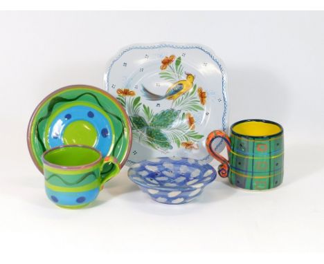 GENEVIEVE NEILSON ETC. A Genevieve Neilson (Surrey) pottery soap dish & a mug & cup & saucer by W.S. Also, a modern 1990's Qu