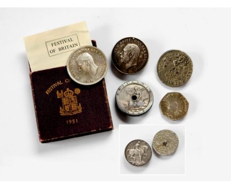 VARIOUS COINS. A George V crown, (pierced), a Festival of Britain 1951 crown, a 1797 'cartwheel' penny, (drilled), a Peter Ra