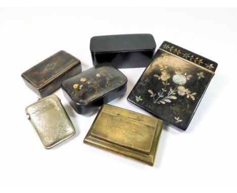 SNUFF BOXES ETC. Three various 19th century, papier mache snuff boxes. Also, a Victorian lacquered card case, an EPNS vesta c