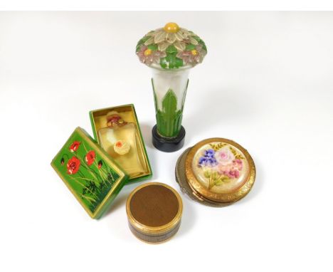 ZENOBIA TALCUM POWDER ETC. A 1930's moulded & painted glass Zenobia talcum powder dispenser & an Atkinsons Californian Poppy 