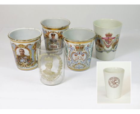 ROYAL COMMEMORATIVES. Three enamelled Royal Commemorative beakers for 1897 & 1911 (2). Also, a 1911 ceramic Coronation beaker