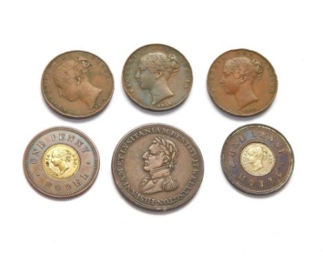 VICTORIA COINS ETC. Two Joseph Moore Victorian Model One Penny coins, three Victoria young head farthings, 1839 & 2x 1848 & a