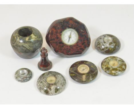 CORNISH SERPENTINE. Six Cornish Serpentine desk compass in various colours. Also, a red & green Cornish Serpentine match stri