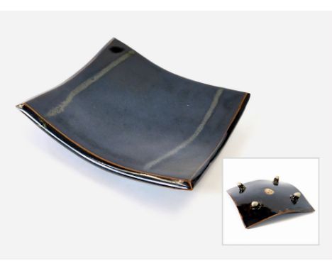 JOANNA WASON. A curved rectangular, dish on four feet by Joanna Wason. Personal & Leach Pottery impressed marks. 17 x 17cm.  