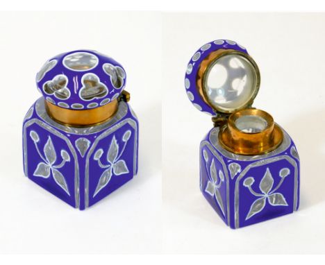 GLASS INKWELL. A Victorian blue & white cased, glass inkwell. Height 8cm.  Please note that all items in this auction are pre