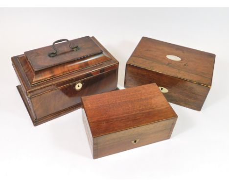 BOXES. A 19th century tea chest (one caddy lacking lid). Also, two other 19th century boxes.  Please note that all items in t