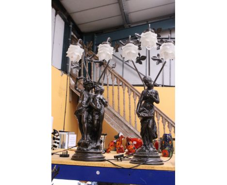 TWO VINTAGE TABLE LAMPS WITH SPELTER FIGURES AND GLASS SHADES