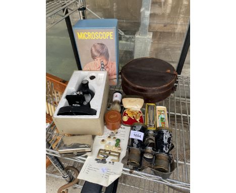 AN ASSORTMENT OF VARIOUS ITEMS TO INCLUDE CUFFLINKS, A HOHNER HARMONICER, A MICROSCOPE, A RAZOR AND VINTAGE BINOCULARS ETC