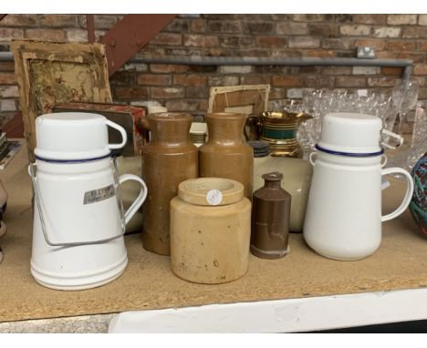 A QUANTITY OF VINTAGE ITEMS TO INCLUDE STONEWARE BOTTLES AND TWO ENAMEL FLASKS