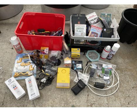 AN ASSORTMENT OF ITEMS TO INCLUDE VHS VIDEOS, TOOLS AND REMOTE CONTROLS ETC